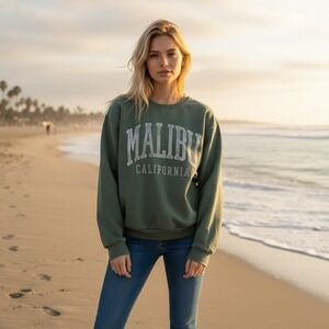 Hollister Malibu California Graphic Crewneck Sweatshirt Green Medium